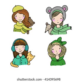 Beautiful girls in hats. Hand drawn vector illustration on a white background. Bear, mouse and cat