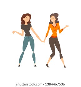 Beautiful Girls Holding Hands, Joyful Friends Having Fun Together, Female Friendship Concept Vector Illustration
