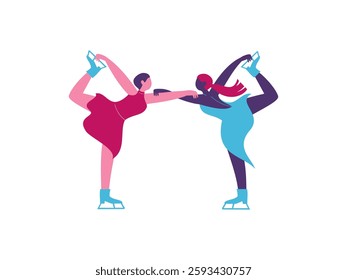 Beautiful girls ice skating in pairs. Vector illustration women's pair skating.