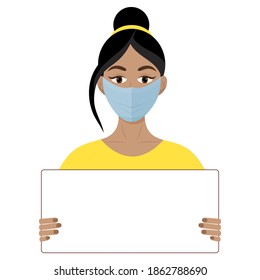 Beautiful girls in masks hold a white poster. Vector illustrations.
