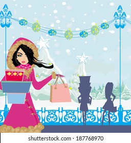 beautiful girls on winter shopping 