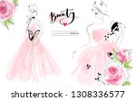 Beautiful girls in pink dresses and rose flowers fashion illustration.
