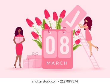 Beautiful girls prepare to 8 March. Girl standing on the stairs flips calendar with red tulips, holding gift box on pink background.