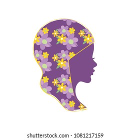 Beautiful girl's profile with floral veil silhouette vector illustration.