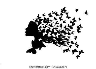 Beautiful girl's profile silhouette with butterflies flying from her hair isolated on white background - vector illustration