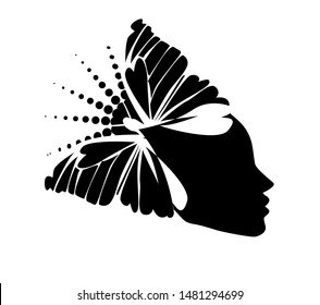 Beautiful girl's profile silhouette with butterflies flying from her hair isolated on white background - vector illustration