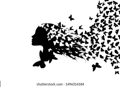 Beautiful girl's profile silhouette with butterflies flying from her hair isolated on white background - vector illustration
