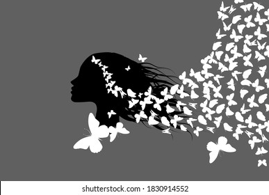 Beautiful girl's profile silhouette with butterflies flying from her hair - vector illustration