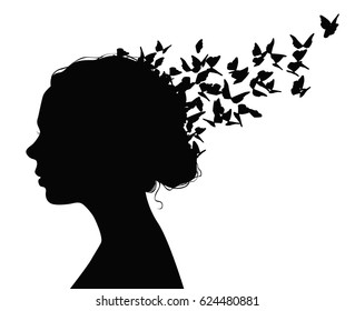 La silueta de perfil de una bella chica con mariposas volando desde su cabello aislada en fondo blanco - ilustración vectorial