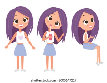 Beautiful Girls with purple hair. Drinks juice from a straw. Cute little girls. Vector illustration. Happy cartoons collection.
