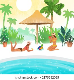 Beautiful girls relaxing beside water pool. Summer vector vacation concept. Watercolor  illustration with palm trees, pool, fruit and women