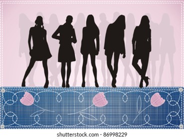 beautiful girls silhouette on blue jeans and pink background