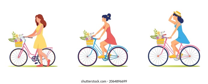 Beautiful girls in summer clothes, dresses ride bicycle with a basket of flowers. Summer walk, travel. Flowers, bicycle, sundress, hat. Girl is cyclist. Cute illustration in flat style	