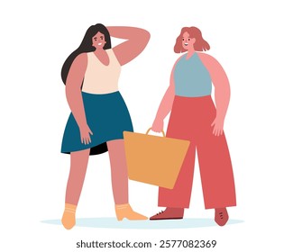 Beautiful girls in summer. Young happy women talking while walking. Vector flat graphics.