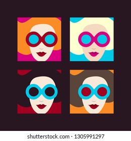 Beautiful girls with sunglasses. Woman in sunglasses. A redhead, the blonde, brunette, brown hair with red lips. Vector illustration, set of girls in sunglasses in colorful retro style. Set of women