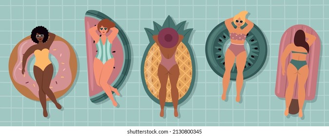 Beautiful girls are swimming in the pool. Different women in swimsuits. Bright inflatable mattresses and lifebuoys in the form of a donut, watermelon, pineapple, kiwi, ice cream. Vector illustration