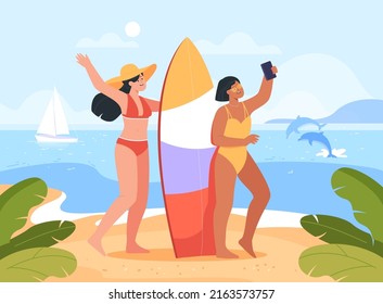 Beautiful girls taking selfie with surf board on beach. Female persons in swimsuits taking photo together on holiday flat vector illustration. Summer, vacation concept for banner or landing web page