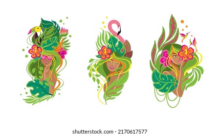 Beautiful girls in tropical surroundings. Vector illustration for beauty and fashion industry. 