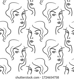 Hermosas niñas vectoriales sin fisuras, arte moderno de línea simple. Negro y blanco.