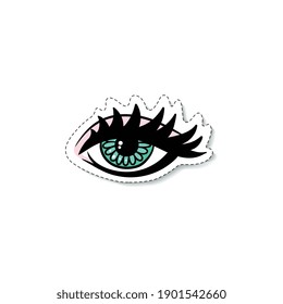 Beautiful girls or women eye with long lashes sticker in retro cartoon style, vector illustration isolated on white background. Fashion print for textile and stationary.