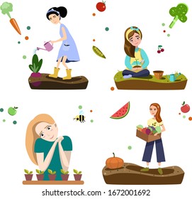 Beautiful girls work in the garden and grow healthy fruits and vegetables