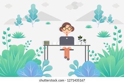 Beautiful girls is working at his laptop. Modern office interior with work process icons on the background. Vector illustration.