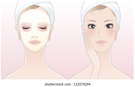 Beautiful girl,spa woman touching her face, Spa woman with a beauty mask on the pink background. Skin care. Relaxation. Aroma therapy. Beauty treatment. Facial cleansing Mask.