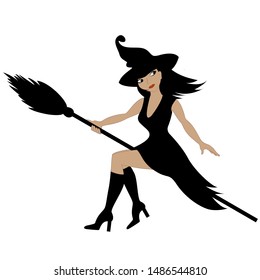 Beautiful glamorous witch flying on a broomstick