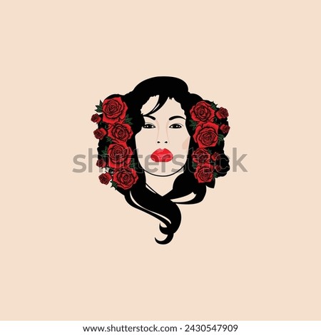 Beautiful glamour Beautiful girl head and red flower concept logo vector illustration