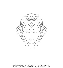 Beautiful glamour woman portrait with romantic hairstyle minimal line logo for beauty salon vector illustration. Bohemian female face with earrings and elegant hair icon cosmetology hairdresser studio