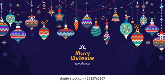  beautiful glass balls and decorations for Merry Christmas and Happy New Year Greeting cards with trendy concept. vector, flat concept, for social media post, cover, flyer, background