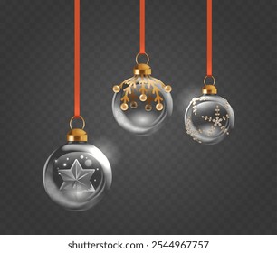 Beautiful Glass Christmas Ornaments Adorned With Elegant Gold Patterns Hang Gracefully Against A Transparent Background, Creating A Festive Atmosphere Perfect For Holiday Decorations And Celebrations
