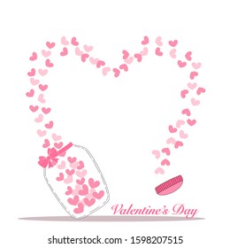 Beautiful glass jar with mini pink hearts on pink background, Valentine's day concept, Hand drawn cartoon doodle style, Can use as Greeting card, Scrap book, Invitation card, Web site background.