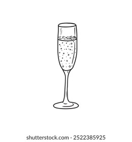 Beautiful glass with sparkling wine champagne in black isolated on white background. Hand drawn vector sketch illustration in doodle engraved vintage line art style. Holiday, toast, happy new year.