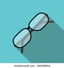 Beautiful glasses for eyes on blue background with long shadow. Flat style icon. Eyesight, health, work and knowledge concept. EPS 10 vector illustration, transparency used