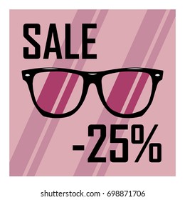 Beautiful glasses on the background of purple stripes with a black inscription discount of twenty five percent