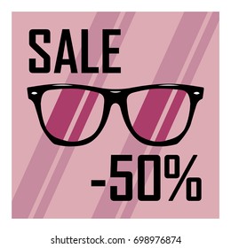 Beautiful glasses on the background of purple stripes with a black inscription discount of fifty percent