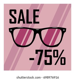 Beautiful glasses on the background of purple stripes with a black inscription discount of seventy five percent