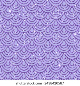 Beautiful glitter pattern shine mermaid scales on a lilac background. Design for children. Fashionable illustration pattern in modern style for clothing or fabric.