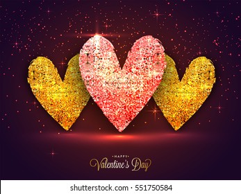 Beautiful glittering hearts on shiny background. Elegant greeting card design for Valentine's Day celebration.