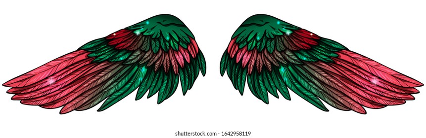 Schöne, glänzend grüne Farbverlauf-Flügel, handgezeichnet Vektorillustration