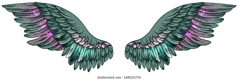 Beautiful glittery shiny magic gradiend green pink wings, vector