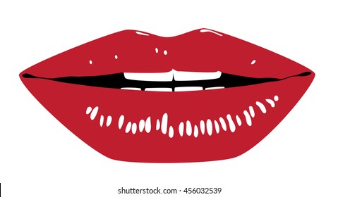 Beautiful Glossy Female Lips. Smile. Ink Drawing.