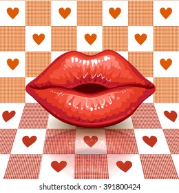 Beautiful glossy female lips.Hearts & Gingham three-dimensional pattern. Valentine's   card .