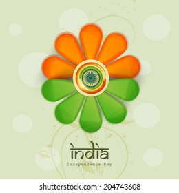 Beautiful glossy flower design on shiny green background with stylish text India for 15th of August, Indian Independence Day celebrations. 