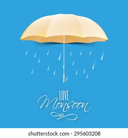 Beautiful glossy golden umbrella on raindrops decorated blue background for Happy Monsoon Season.