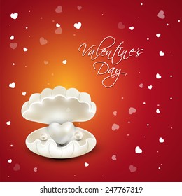 Beautiful glossy heart with pearls in a shell on hearts decorated background for Happy Valentines Day celebration.