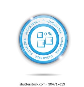 Beautiful, glossy, isolated label, sticker, badge with white, simple, sugar cubes, text Sugar Free, blue stars, white background