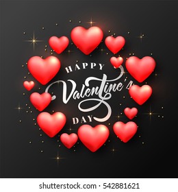Beautiful glossy Red Hearts decorated, Elegant greeting card for Happy Valentine's Day Celebration.