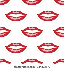 Beautiful glossy red smiling lips with highlights. Fashion, beauty, body care and cosmetics concept. EPS 8 vector illustration, no transparency